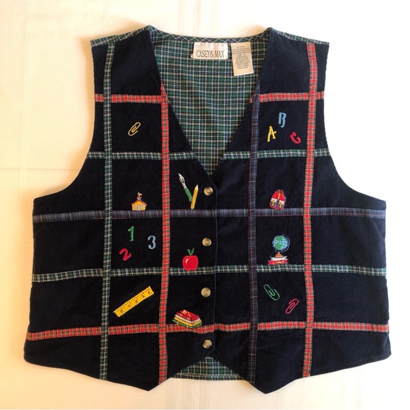 Casey & Max Jackets & Blazers - Casey & Max Navy Corduroy Vest w/Colorful School Theme Embroidered Details Sz XL